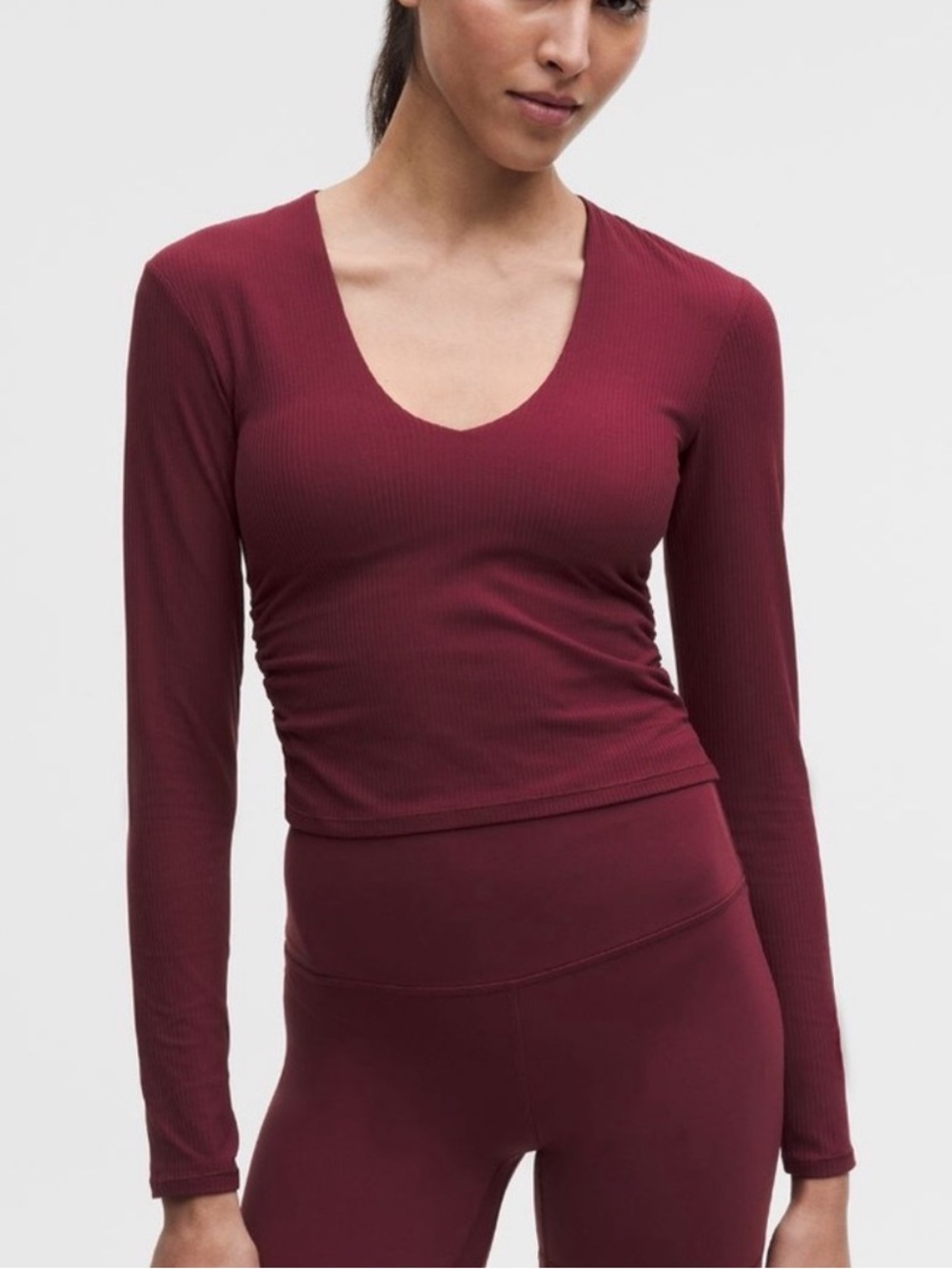 Lululemon All It Takes Ribbed Nulu V-Neck Long Sleeve Top Built in Cups Burgundy